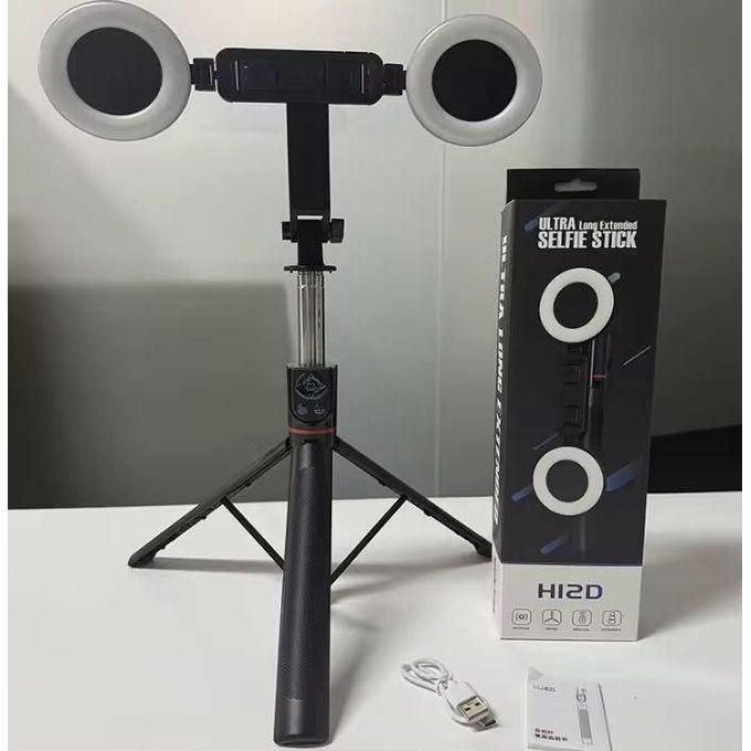 H12D Rotating Ultra Long Extendable Selfie Stick Tripod stand with dual adjustable LED ring lights — Generic